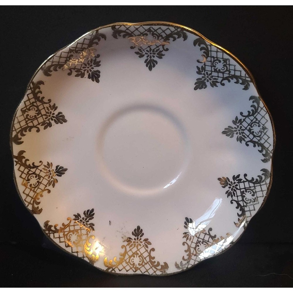 Royal Albert Crown China Saucer 926 White Gold Filigree Scalloped Edge Vintage